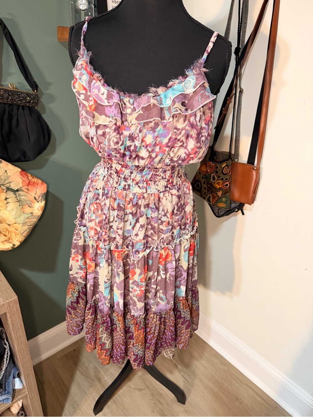 American Rag Floral Ruffle Smocked Waist Midi Dress XL Boho Y2K